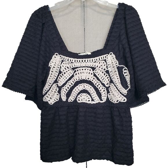 Sarah Hann Anthropologie Flutter-Sleeve Crochet Babydoll Blouse Size Medium - Picture 1 of 6